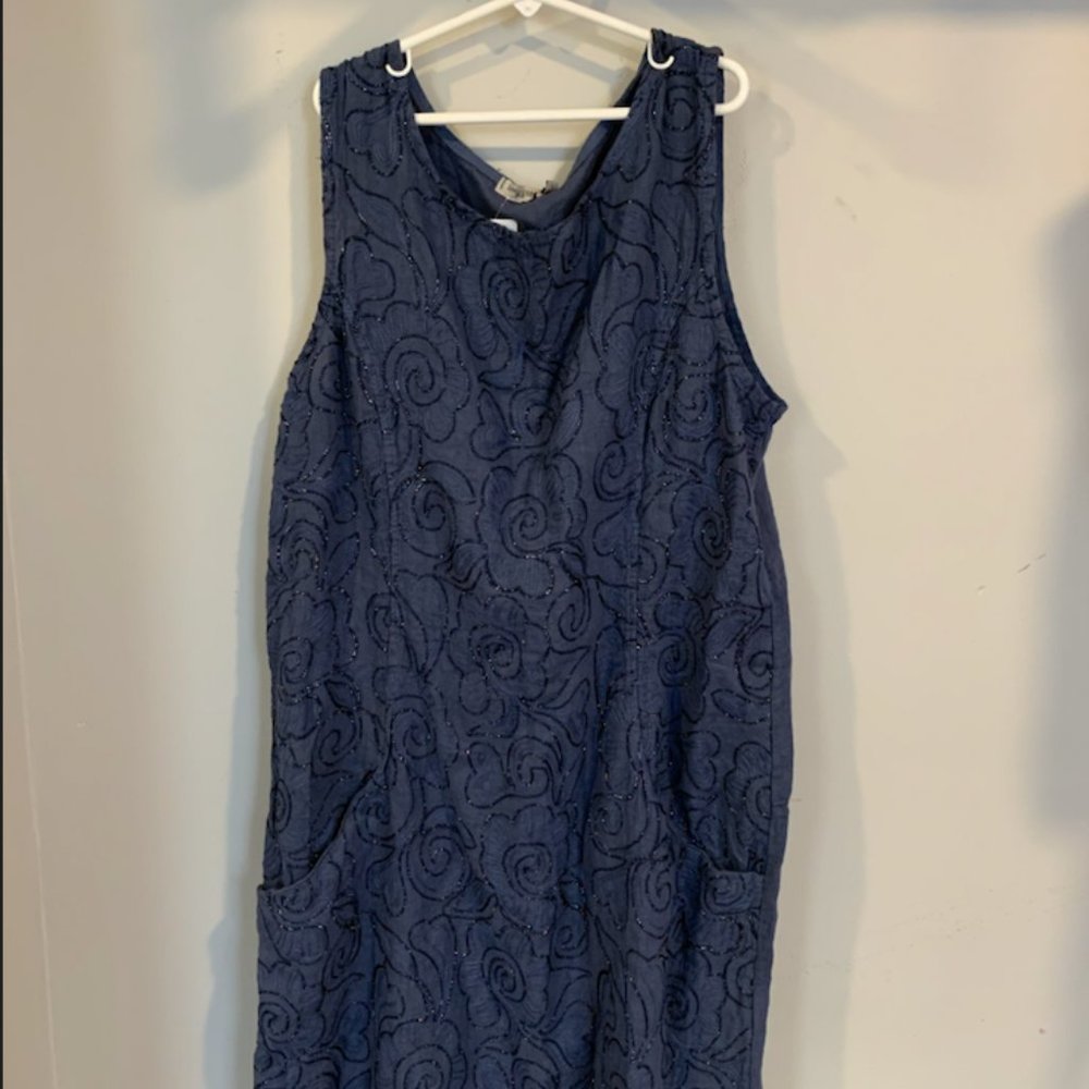 NWT - Lungo L'arno Women's Blue Textured Linen Embroidered Dress - Size Large